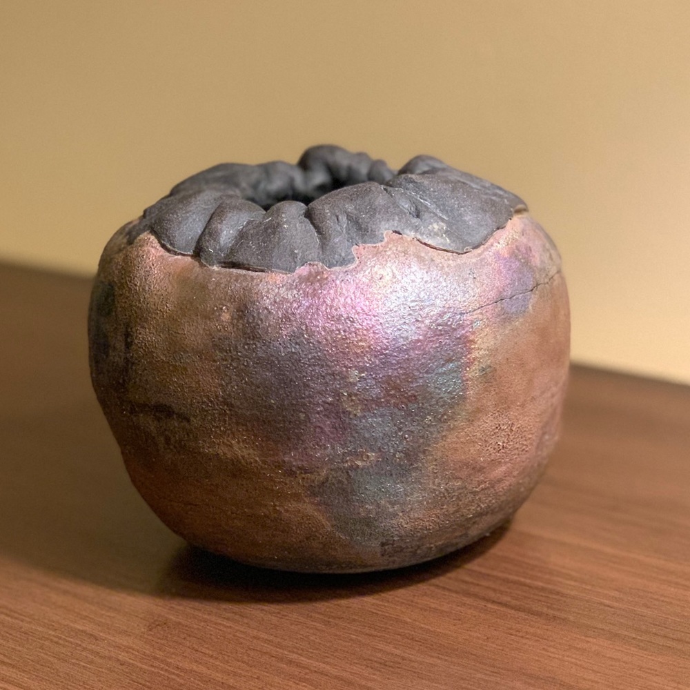 Artisan Signed Raku Pottery Pinched Vase